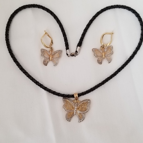 14KT WHITE/YELLOW BUTTERFLY PENDANT/EARRINGS SET - Picture 3 of 7